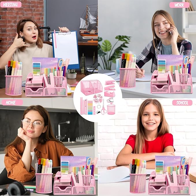 Pink Desk Accessories Set, 17Pcs Pink Office Supplies Kit Include Mesh Desk Organizer, Stapler, Tape Dispenser, Staple Remover, Pen Holder, Clips, Pens, Ruler, for Office Home School Women