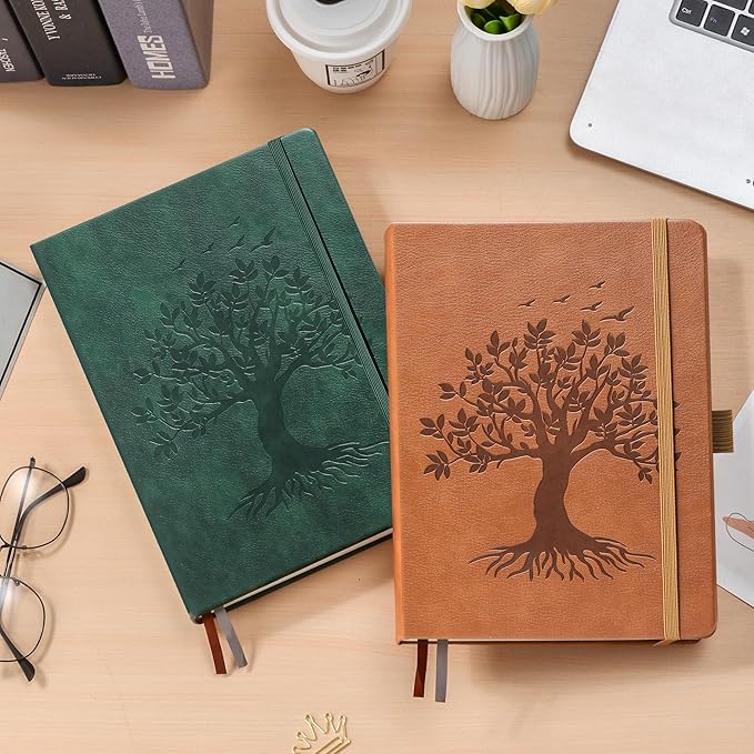 ZXHQ A5 Bullet Dotted Journal Notebook - 150 gsm Thick Paper, 256 Pages, Dot Grid Hardcover, Tree of Life Design, Fine Inner Pocket - 5.9" × 8.5" Dark Green