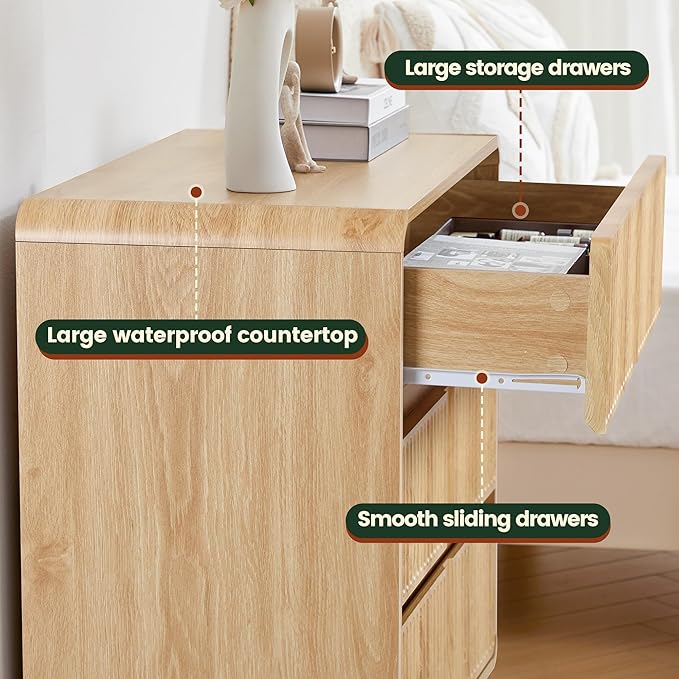 Turtle&Myrtle Fluted 3 Drawer Dressers for Bedroom, 31.5" Wide Large Mid Century Modern Nightstand W/3 Storage Drawers, Wood Dresser & Chest of Drawers with Curved Profile for Living Room (Natural)