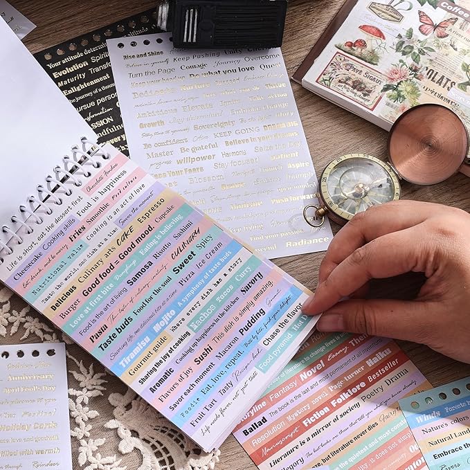 3000+ Pcs Word Stickers for Journaling, 50 Sheets Gold Foil Art Scrapbook Quote Stickers for Junk Journal, Scrapbooking Supplies Small Talk DIY Decorative Gift for Women Teen Girls