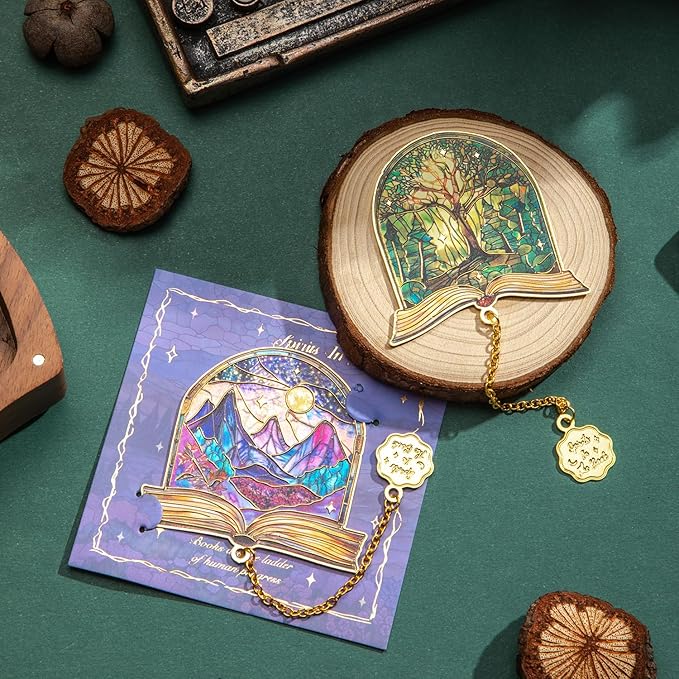 4pcs Metal Bookmarks with Chain, Inspirational Book Marks Set Featuring Books, Mountains, Stars, Forest & River - Perfect Book Markers Gift for Book Lovers, Readers, Kids, Teens, Men, Women, Adults