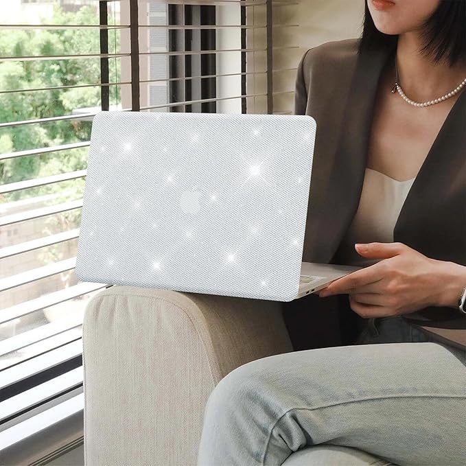 KEROM Glitter Case for MacBook Air 13 inch 2025-2022 M4 M3 M2 A3240 A3113 A2681, Luxury Bedazzled Shiny Bling Sparkle Textured PU Leather Hard Shell & Keyboard Cover for Mac Air 13.6 inch Case, White