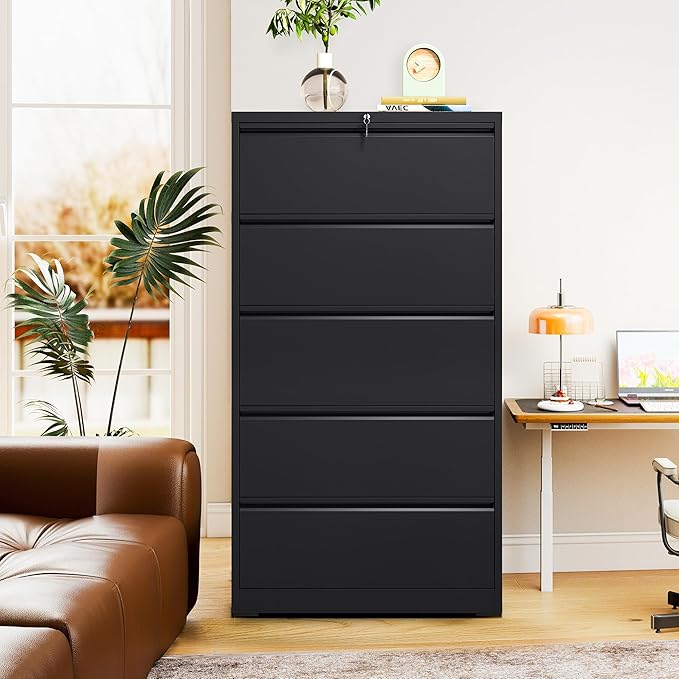 5-Drawer Lateral File Cabinet with Lock, Black Metal Filing Cabinet for Office or Home – Secure Storage for Letter/Legal/A4/F4 Documents, Easy to Assemble Locking File Organizer (Black, 5 Drawer-64"H)