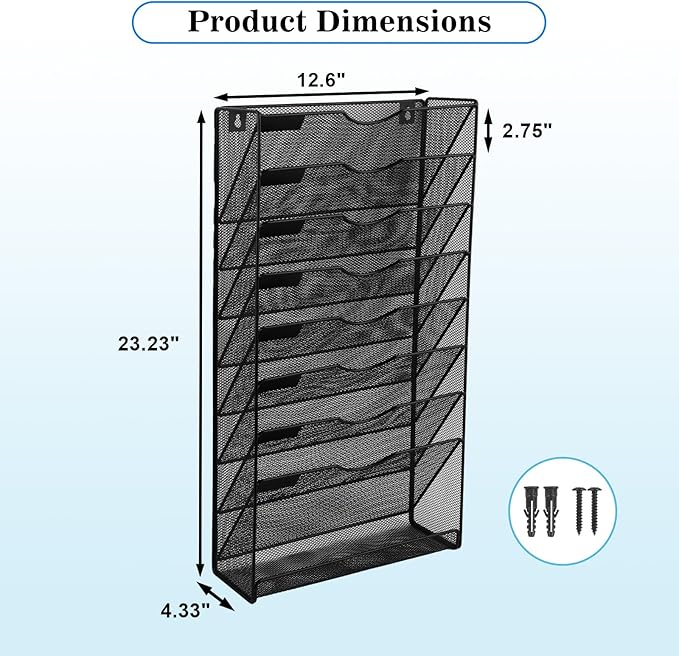 EASEPRES Desk File Organizer Mesh 9-Tier, Hanging Wall Mount Document Organization Stand, Desktop Vertical Mail Paper Folder Holder Rack with Bottom Tray for Office Home Cubicle Countertop, Black