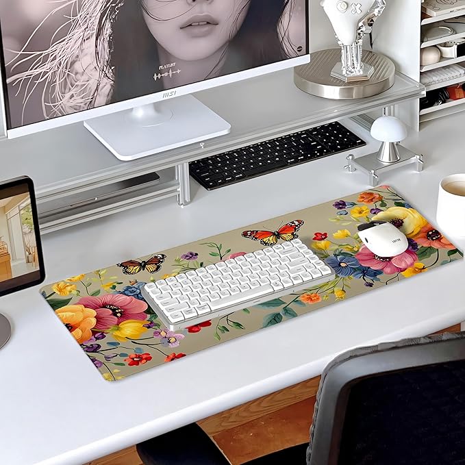 31.5”x11.8”Large Gaming Mouse Pad for Desk, Mouse Mat with Seamed Edges, Waterproof Desk Pad, Non-Slip Rubber Base, Keyboard Pad Computer Mat, Big XL Mousepad-Boho Floral with Butterflies