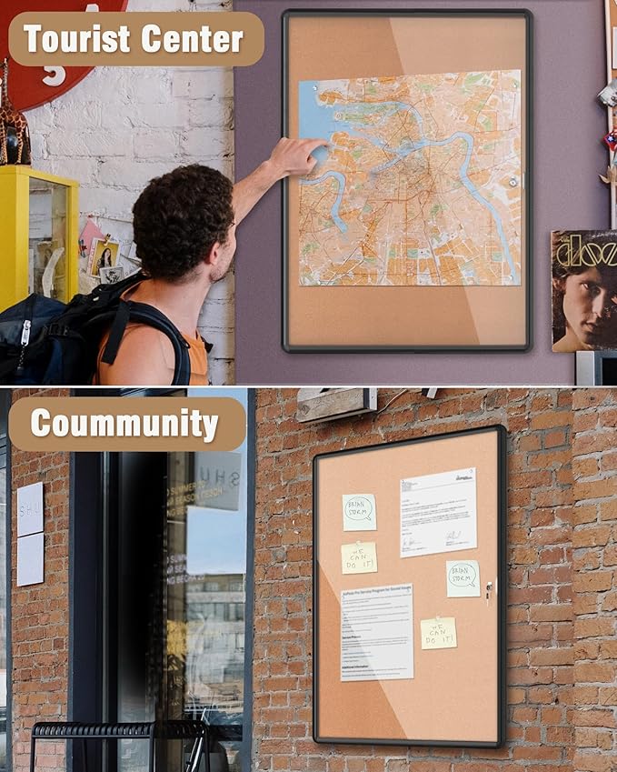 38"x28" Enclosed Bulletin Board, Lockable Weather-Resistant Aluminum Cork Noticeboard for School & Office, Black Frame w/Cork