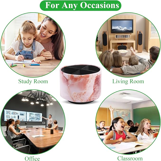 Round Leather Art Supply Organizer,Remote Control Holder,360-degree Rotating Pen Organizer with 4 Compartments(1-Marble Pink)
