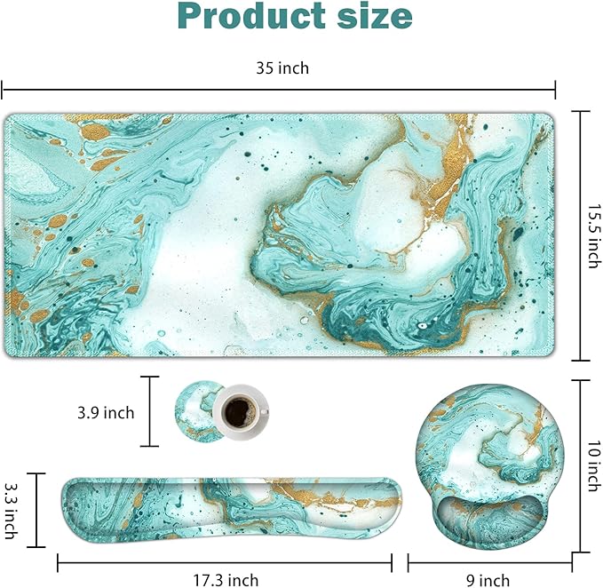 ARTSO Large Mouse Pad Set, Ergonomic Keyboard Wrist Rest Support, Memory Foam Gel Extended Non-Slip Desk Blotter Pad for Office, Home, Teal Turqoise Marble