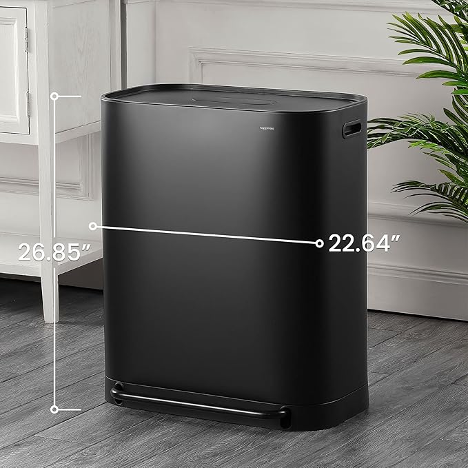 happimess HPM1014B Beni Kitchen 16-Gallon Double-Bucket Step-Open Trash Can with Soft-Close Lid, Modern, Minimalistic, Fingerprint Proof for Home, Kitchen, Laundry Room, Office, Bathroom, Black