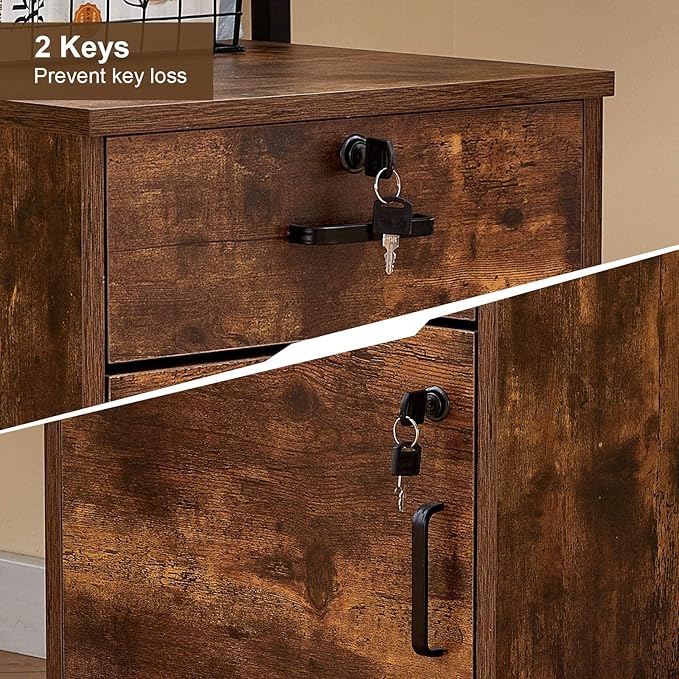 TUKAILAi Mobile File Cabinet with Lockable Drawer & Door, Under Desk Rolling Filing Cabinet with 4 Wheels, Wooden Stationery Storage Cabinet for Home Office (Rustic Brown)