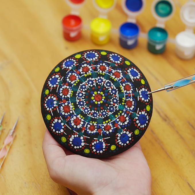 Mandala Rock Painting Kit โ Mandala Dotting Tools Set - 5 Large Wooden Rocks + 6 Stencils + Acrylic Paints - Relaxing Arts and Crafts for Adults Women - DIY Hobbies Art and Projects Dot Art Kit