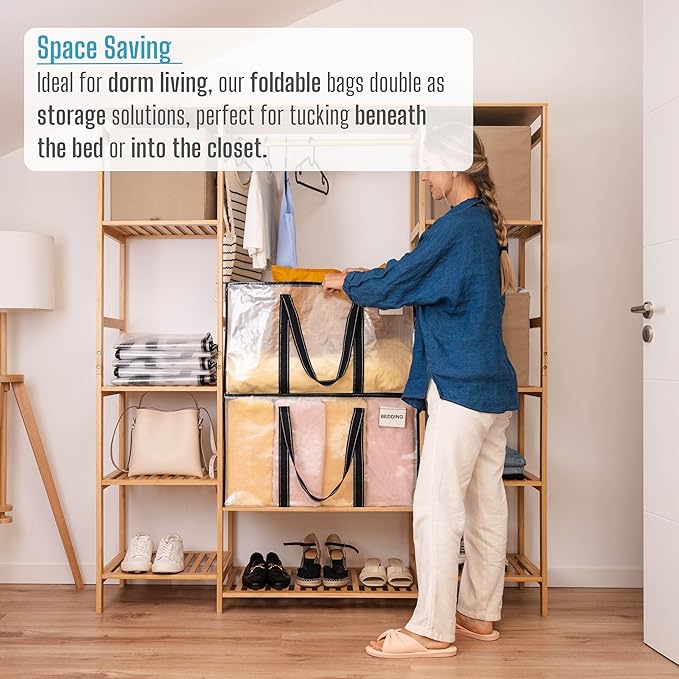 VENO 10 Pack Moving Bags, Moving Supplies, Moving Boxes, College Packing Storage Boxes with Lids Alternative, Heavy Duty Totes, Extra Large, Sturdy Handles, Zipper (Clear with Black Handles, 10 Pack)