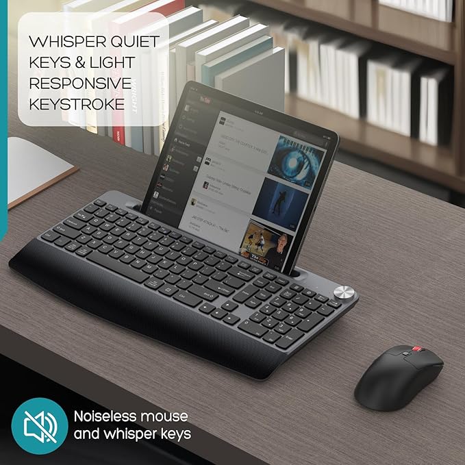 Ergonomic Wireless Keyboard and Mouse with Wrist Rest,Phone Holder - 2.4GHz Full-Sized Low-Profile Quiet Wireless Mouse and Keyboard Combo for Computer, Laptop, PC, Mac-Grey