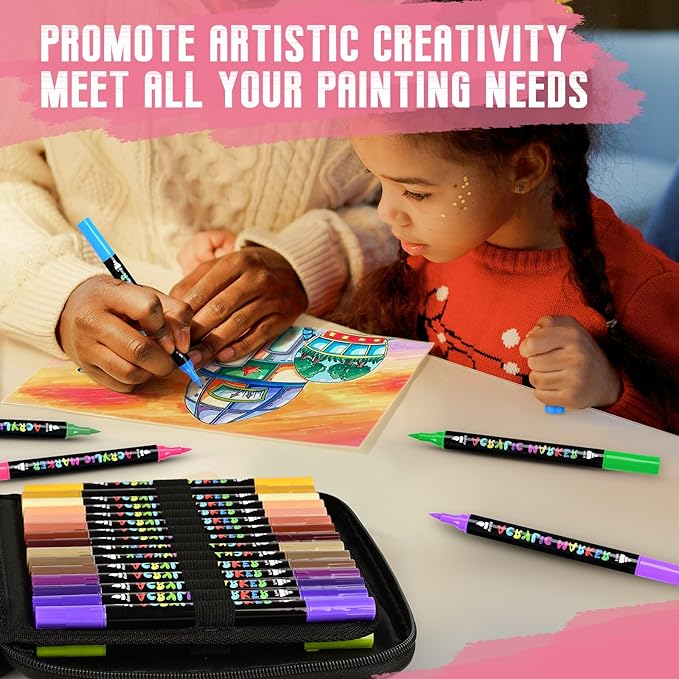 IVSUN Acrylic Paint Pens, 100 Colors Dual Tip Paint Markers with Fine Tip and Brush Tip Pens for Stone, Wood, Canvas, Calligraphy, Ceramic, Metal, Glass, Rock Painting, DIY Crafts Art Supplies Kit