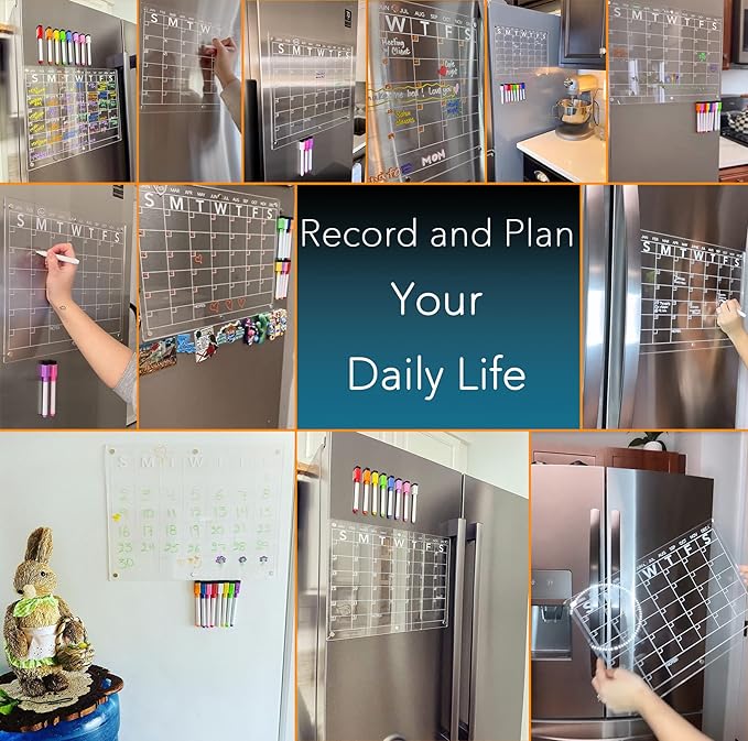 Acrylic Magnetic Dry Erase Board Calendar for Fridge, Clear Monthly Planner and Memo Whiteboard for Refrigerator, w/ 8 Colors Markers, 15 x 11"