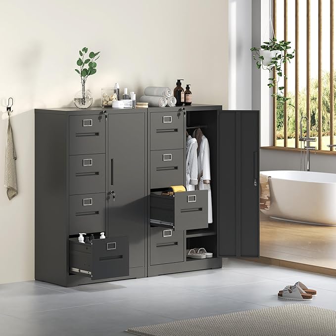 Filing Cabinets with Locks, 4 Drawers Cabinets Storage Units for Home Office, Black File Cabinet for Hanging File Folders Letter/Legal/A4/F4 Size (Easy Assemble)