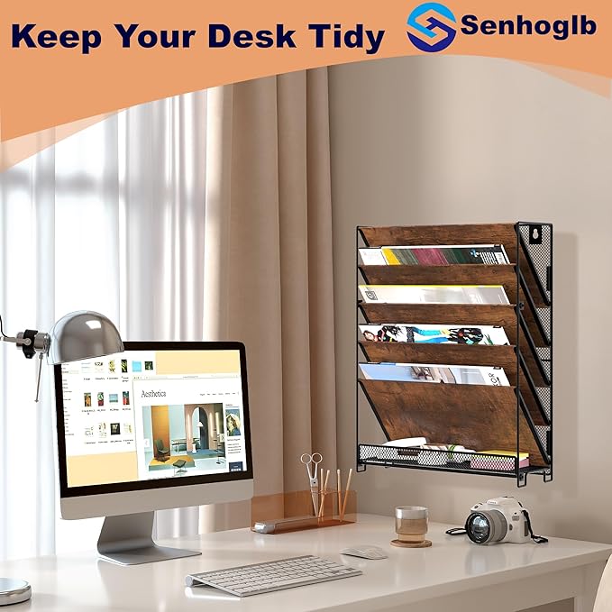 Metal Wall File Holder Organizer, 6-Tier Mesh Hanging Wall File Organizer, Magazine Rack with Trays, Wood Document Holder for Office Home, Brown