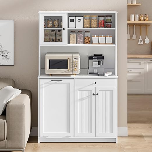 OLD CAPTAIN Tilt Out Trash Cabinet with Deodorising Function, Kitchen Hutch with Microwave Shelf and Drawer, Kitchen Pantry with Trash Cabinet for 10 Gallons, White