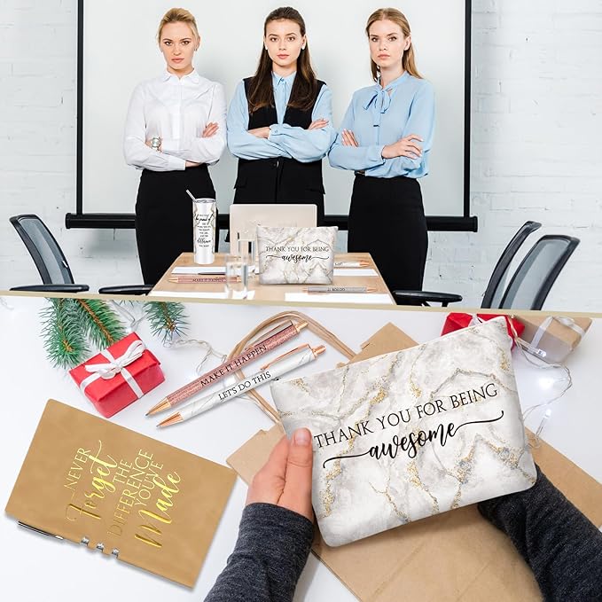Domensi 6 Pcs Employee Appreciation Gift Set for Women Female Thank You Gift May You Be Proud 20 oz Rustic Marble Sign Tumbler Makeup Bag Journal for Teacher Nurse Lady Work Business(White)