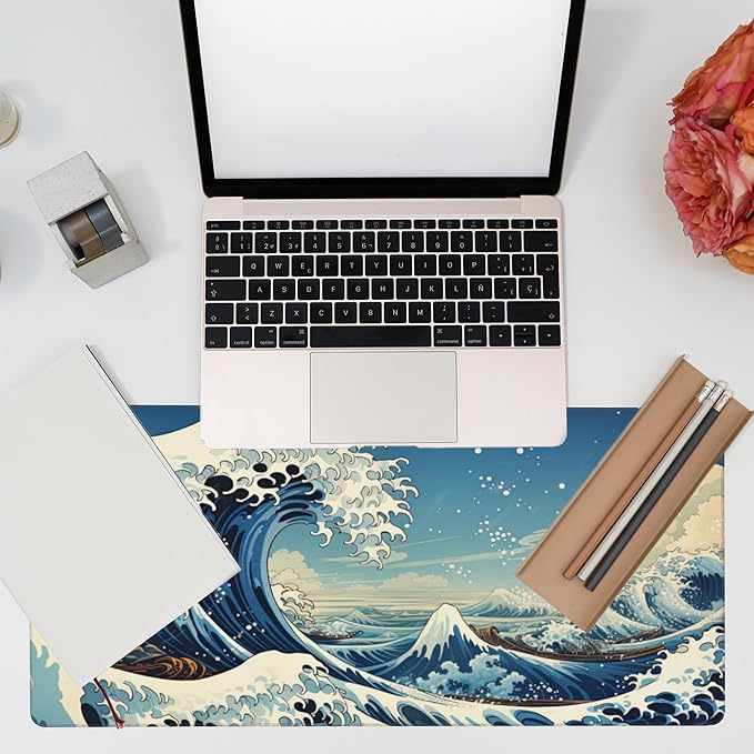 Desk Mat,Blue Japanese Sea Wave Desk Pad,Japanese Sea Wave Large Gaming Mouse Pad for Desk,Extended Big Computer Keyboard Mouse Pad with Non-Slip Base and Stitched Edge,35.4"x15.7"