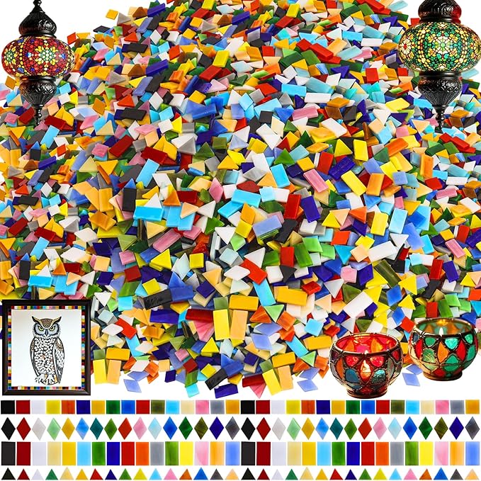 1600 Pcs Mosaic Tiles, Glass Mosaic Tiles for Crafts Bulk, Assorted Color Stained Mosaic Glass Pieces, Mosaic Supplies for Home Decoration, Art Crafts, DIY Projects, Opaque