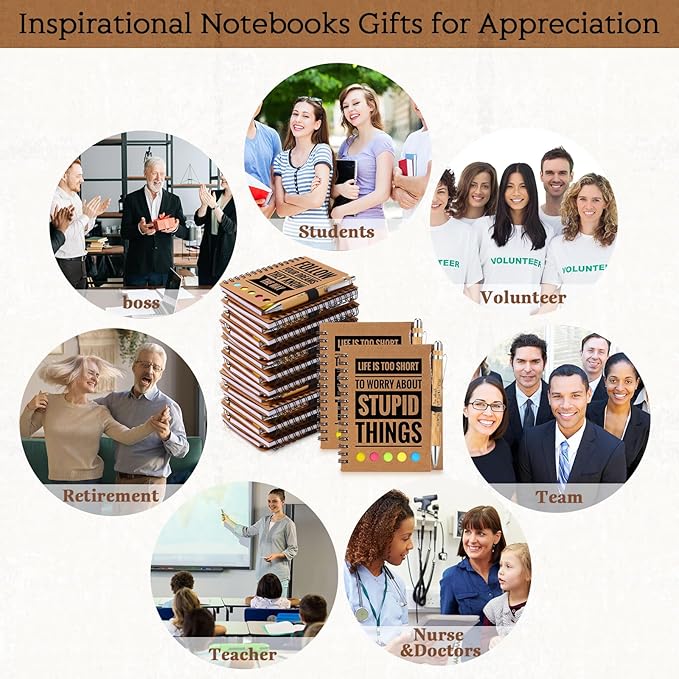 Yeaqee 10 Set Inspirational Spiral Notebook Bulk with Motivational Bamboo Ballpoint Pens Sticky Notepad Employee Appreciation Gifts for Teacher Staff Team Nurse Housekeeping Week Medical Assistant