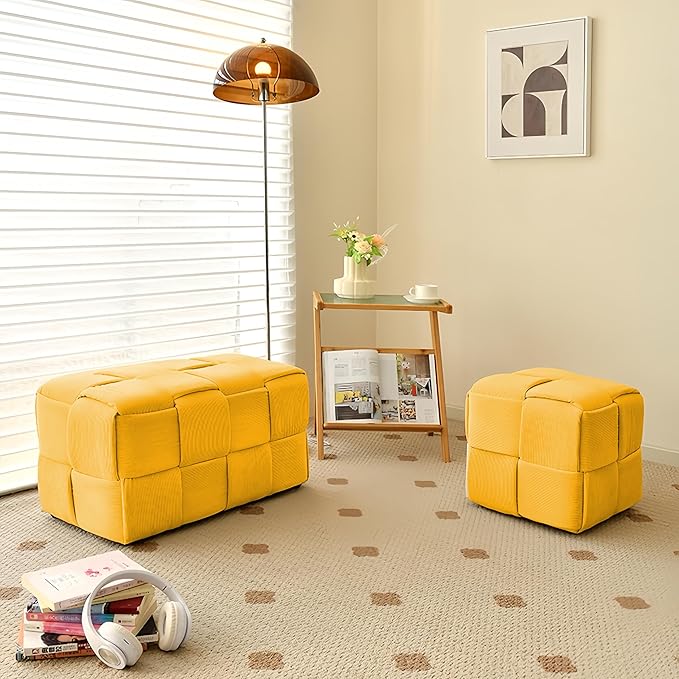 Ottoman Foot Rest Soft and Comfortable Ottoman Square Corduroy Woven Design Sofa Stool (Yellow-L)