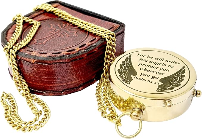 Brass Compass Engraved with Religious Scripture Verse - Ideal Gift for Son, Grandson, Daughter - Perfect for Baptism, Communion, Church and Graduation Day Present
