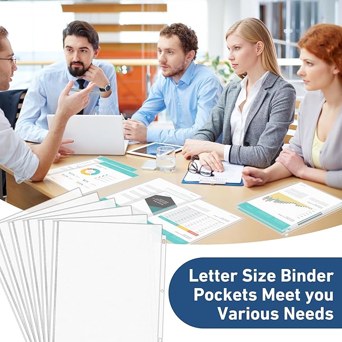 Antner 48 Pack Letter Size Binder Pockets for 3-Ring Binder Zipper Pouch Waterproof PVC Document Organizer 3-Hole Loose Leaf Folders File Sleeves Storage Bags Side Loading for Business Office Supplies