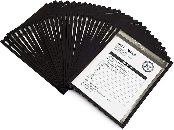 Job Ticket Holders 9x12 - (30 Pack), 8.5 x 11 Letter Size, Dry Erase Pockets, Clear & Black Plastic Sleeves - Reusable, Water-Resistant