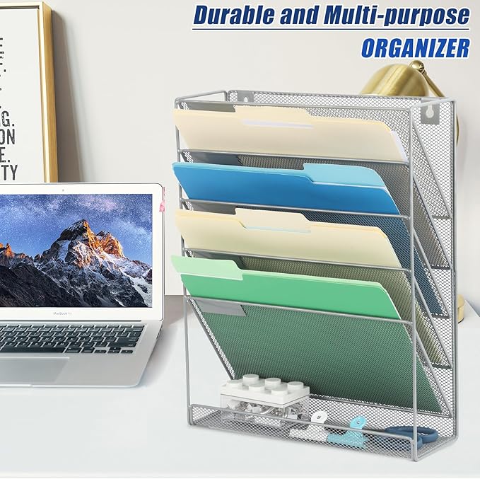 EASEPRES Desk File Organizer Mesh 6-Tier, Hanging Wall Mount Document Organization Stand, Desktop Vertical Mail Paper Folder Holder Rack with Bottom Tray for Office Home Cubicle Countertop, Gray