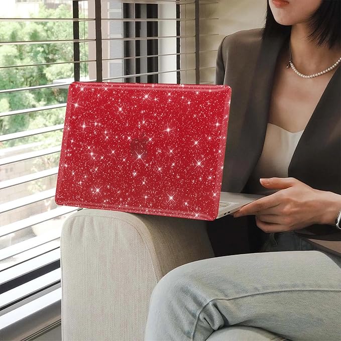 KEROM Red Glitter Case for MacBook Air 13 inch 2022-2018 M1 A2337 A2179 A1932, Glitter MacBook Air M1 Case - Shiny Bling Sparkle Plastic Hard Shell & Keyboard Cover for Mac Air 13.3 inch, Wine Red