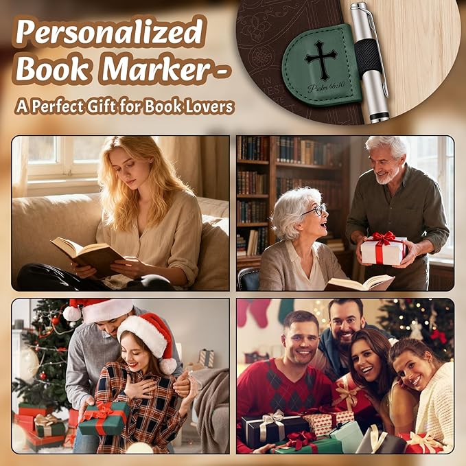 Bygone Mark Personalized Magnetic Leather Bookmark with Pen Holder - Inspirational Bible Verse Scripture Design, Custom Book Marker for Book Lovers Men Women (Red-Psalm 46:10)