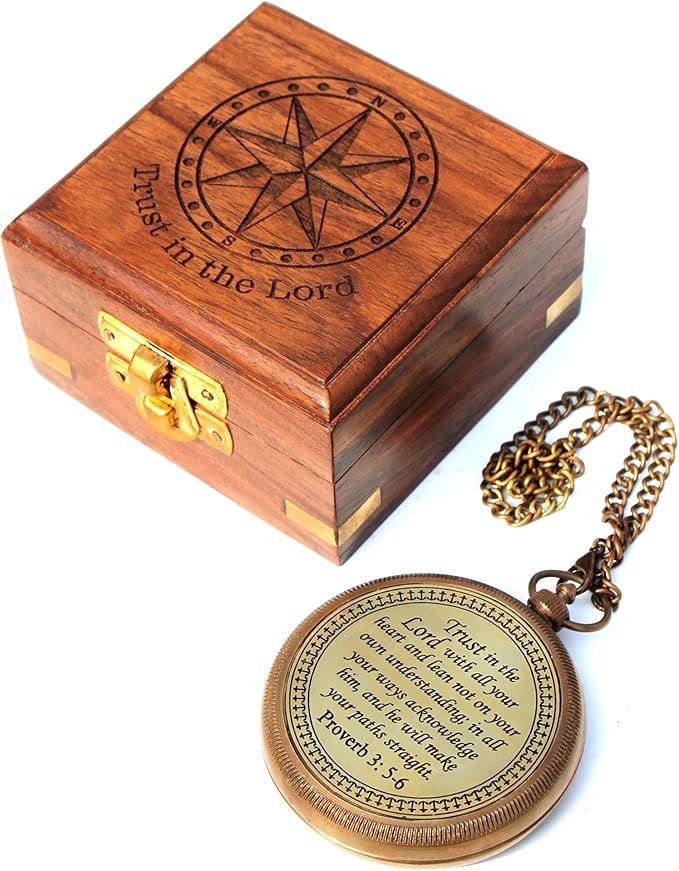 Trust in The Lord with All Your Heart -Proverbs 3: 5-6 Quote Engraved Compass with Wooden Box, Baptism Gifts for Boys, Inspirational Gifts Men, Graduation Day Gifts, First Communion Gifts