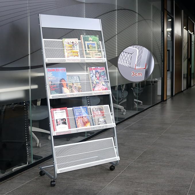 4-Layer Iron Magazine Rack with Wheels, Newspaper Rack, Display Rack, Silver (63)