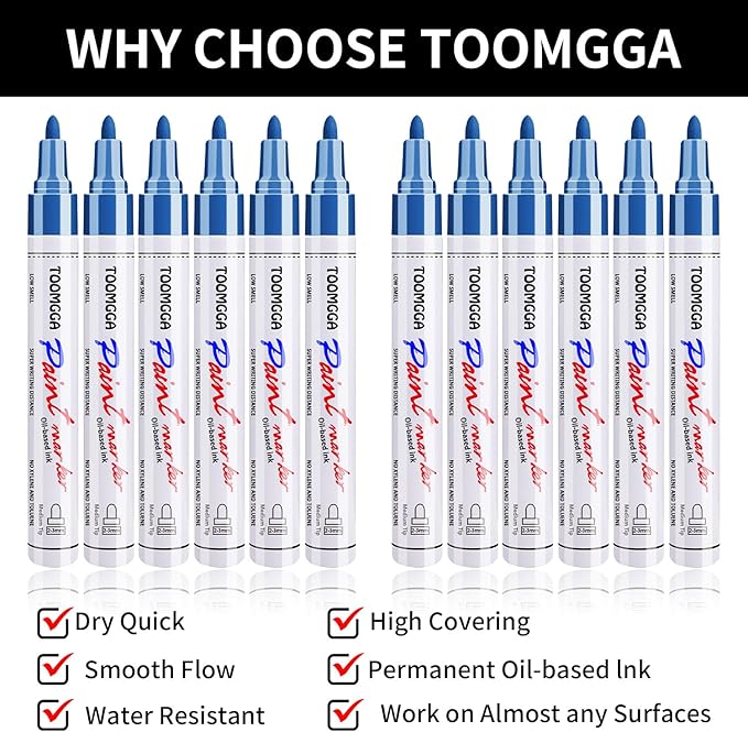 Permanent Paint Pens Blue Paint Markers 12 Pack Oil Based Markers, Quick Drying and Waterproof Marker Pen, Car Tire, Metal, Rock Painting, Wood, Plastic, Canvas, Craft Supplies for Adults