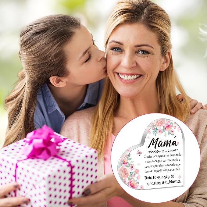 Yopyame Acrylic Gifts for Mom - Regalos para Mamá Acrylic Gifts Spanish Mom Acrylic Heart Keepsake Paperweight from Daughter Son Mother's Day Birthday Christmas Valentines Acrylic Sign Plaque for Mom