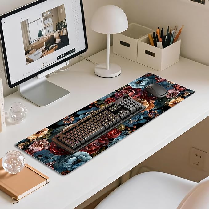 31.5”x11.8”Large Gaming Mouse Pad for Desk, Mouse Mat with Seamed Edges, Waterproof Desk Pad, Non-Slip Rubber Base, Keyboard Pad Computer Mat, Big XL Mousepad-Vintage Chic Rose Flowers