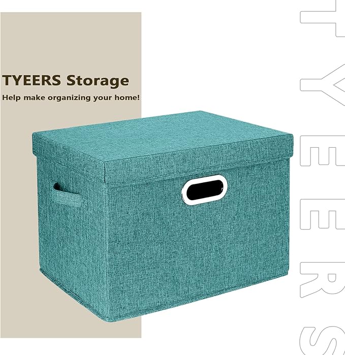 TYEERS Large Storage Bins with Lids, Collapsible, Washable, Fabric Storage Boxes for Organizing, 17.3x11.8x11.4 inches, 3 Pack, Aqua Deep