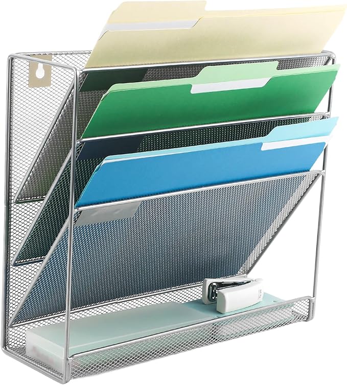 EASEPRES Desk File Organizer Mesh 4-Tier, Hanging Wall Mount Document Organization Stand, Desktop Vertical Mail Paper Folder Holder Rack with Bottom Tray for Office Home Cubicle Countertop, Silver