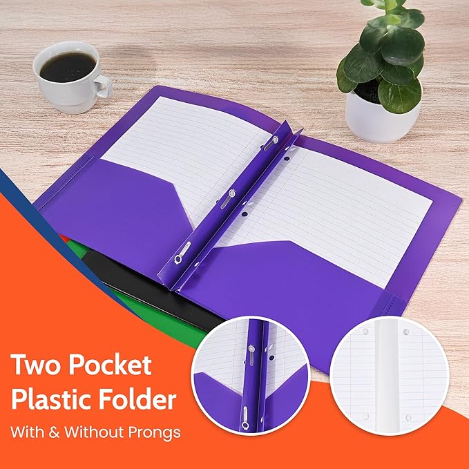 24 Pack Blue Plastic Folders with Pockets Heavy Duty. 2 Pocket Folder no Prongs Bulk. Tear-Resistant Letter Size 8.5x11. Presentation Ready School and Office Supplies