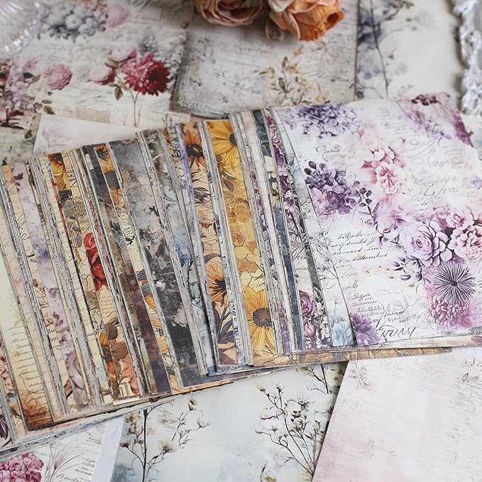 160 Sheets Vintage Flower Scrapbook Paper Purple Pink Flowers with Cursive Script No Repeating Patterns Perfect for Junk Journal DIY Cards Craft Albums Scrapbooking Supplies (Purple, 3.9 x 5.5 inches)