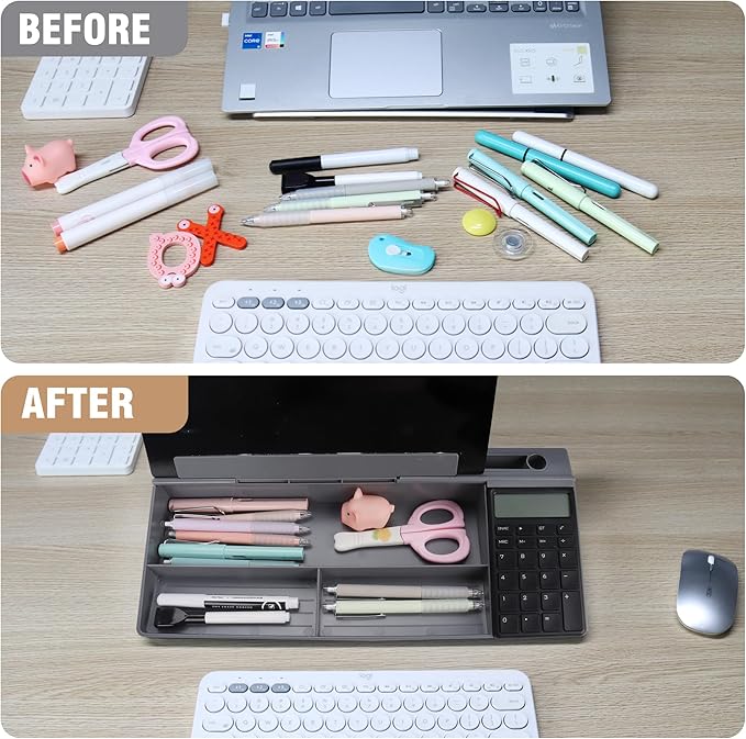 SELEAD Desktop Glass Whiteboard with Calculator, Organizer, Markers, Eraser, Holder - Black Dry Erase White Board Computer Pad Keyboard Stand for Home, School, Office Desk Cubicle Accessories