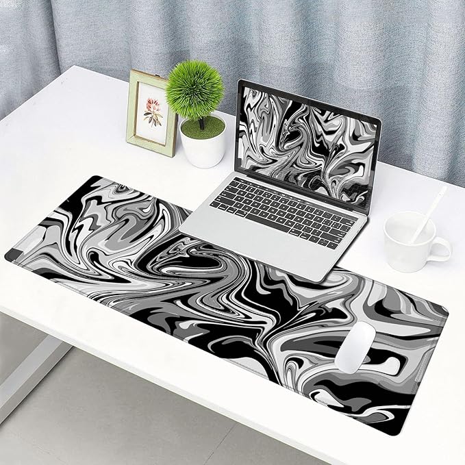 Large Gaming Mouse Pad, Extended XL Mousepad, Non-Slip Rubber Base Keyboard Mouse Mat Desk Pad for Work, Game, Office, Home, 31.5 x 11.8 in, Black Marble Fluid Design