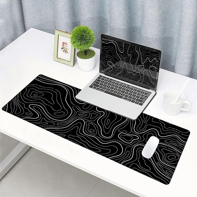 Large Mouse Pad, Extended XL Gaming Mousepad, Non-Slip Rubber Base Keyboard Mouse Mat Desk Pad for Work, Game, Office, Home, 31.5 x 11.8 in, Black Minimalist Topographic Map PL230707021