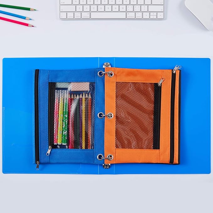 Sooez Pencil Pouch for 3 Ring Binder, 2 Pack Fabric Binder Pouch with 2 Pockets, Pencil Bags with Zipper and Reinforced Grommets, Pencil Cases for Binder