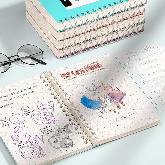 AHGXG Bullet Dotted Journal Spiral Notebook, 300 Pages Dotted Notebook Thick Journal, A5 Dot Grid Notebook, 100GSM Thick Paper, Plastic Hardcover, with Journal Stencils, 5.7" x 8.3", Lake Blue