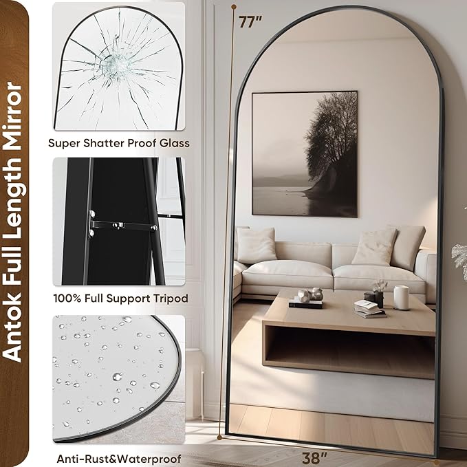 Antok Full Length Mirror, 78"x38" Oversized Floor Mirror Freestanding, Full Body Mirror Floor Standing Mirrors with Stand, Hanging Mounted Mirrors for Living Room Cloakroom,Black,Arched Style