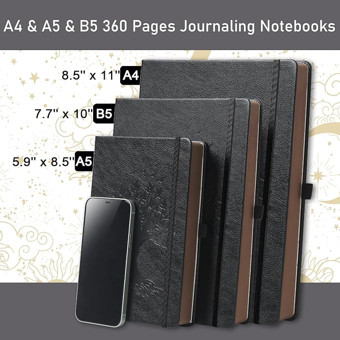 ZXHQ Thick Lined Journal Notebook with Pen, 360 Pages 100gsm Paper, Brown Sprayed Edge, Journal for Writing B5 Ruled Notebook,Leather Hardcover,Perfect for Work, Office or School, 7.8'' x 10'' Black