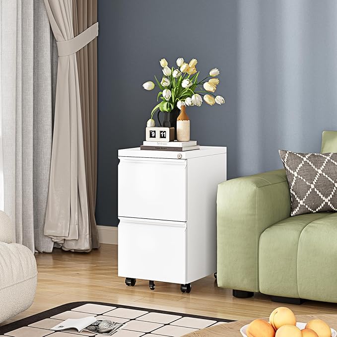 Mobile File Cabinet with Lock Steel Small Rolling 2 Drawer File Cabinet Legal/Letter/A4 Size Under Desk Metal Filing Cabinet for Home Office Vertical Filing Cabinet Printer Stand Assembly Required